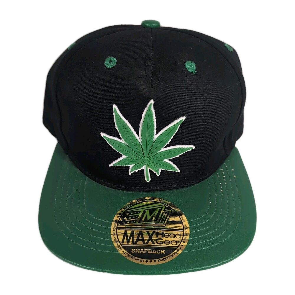 Max Headgear 3D Silicone WEED LEAF Patch Snapback Cap Black Green w/ Vinyl Bill